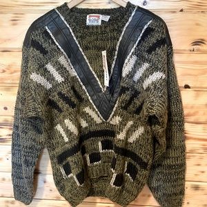 80’s hand knitted street scenes leather trimmed sweater new with tags geometric